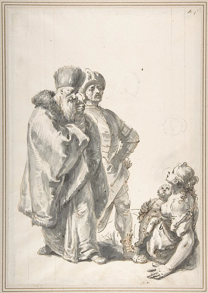 Due figure maschili in piedi e una donna seduta con un bambino - Metropolitan Museum of Art, New York